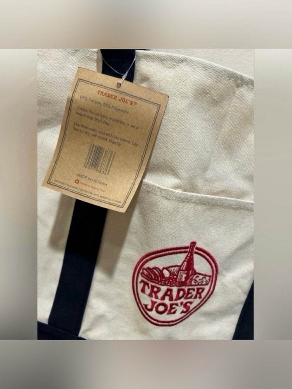 NWT Trader Joe's Reusable Canvas Tote Bag - White and Dark Blue with Red Logo - Picture 3 of 5